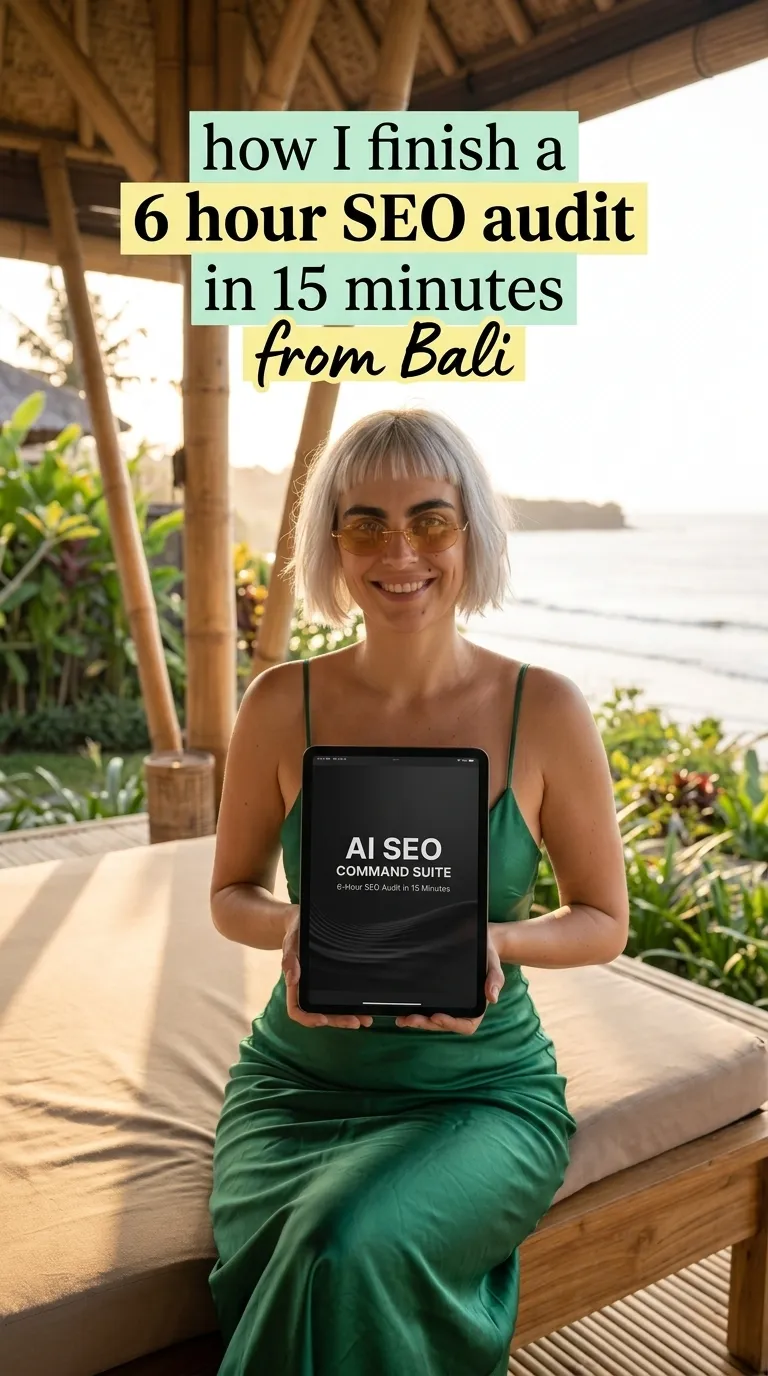 Kaia in a green slip dress holding a tablet with AI SEO Command Suite on a daybed in an open beach pavilion