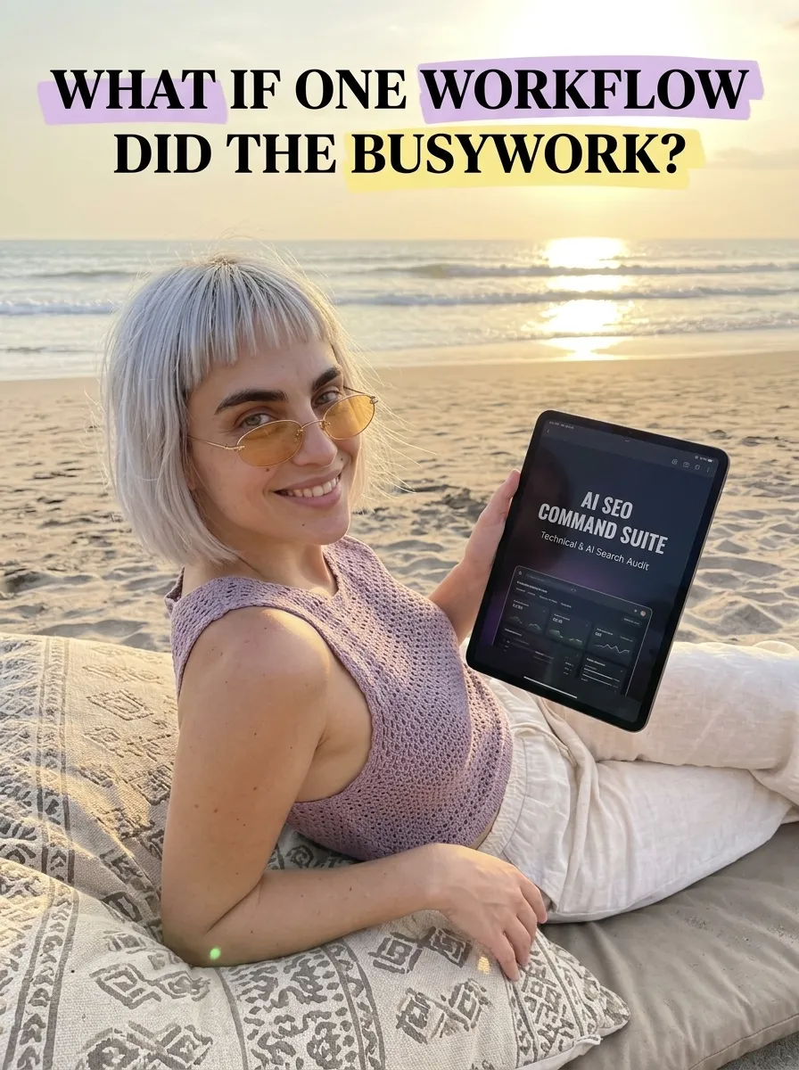 Kaia in a lilac knit top reclining on a beach cushion at sunset with a tablet showing AI SEO Command Suite