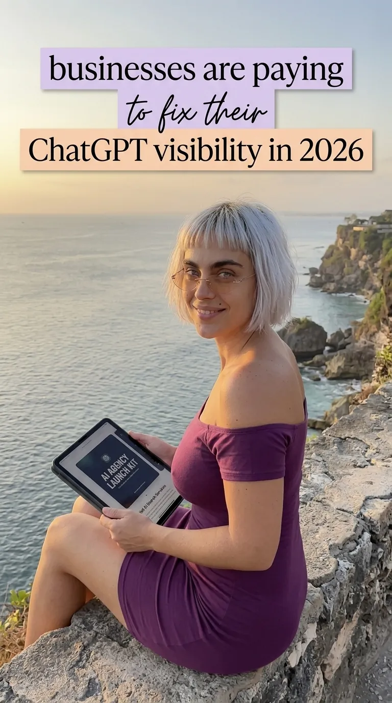 Kaia in a purple off-shoulder dress holding a tablet with AI SEO Command Suite on a rocky cliff above the ocean