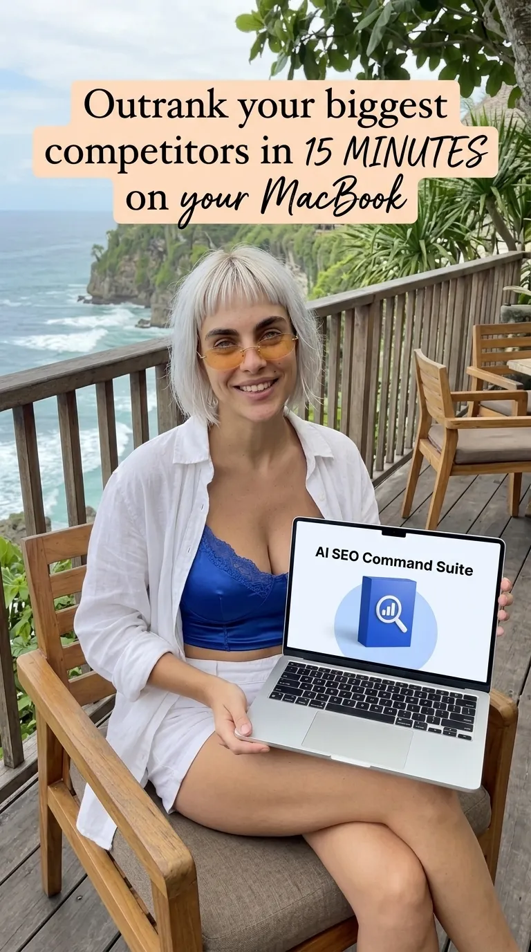 Kaia in a white shirt and blue top with a laptop showing AI SEO Command Suite on a wooden balcony above the sea