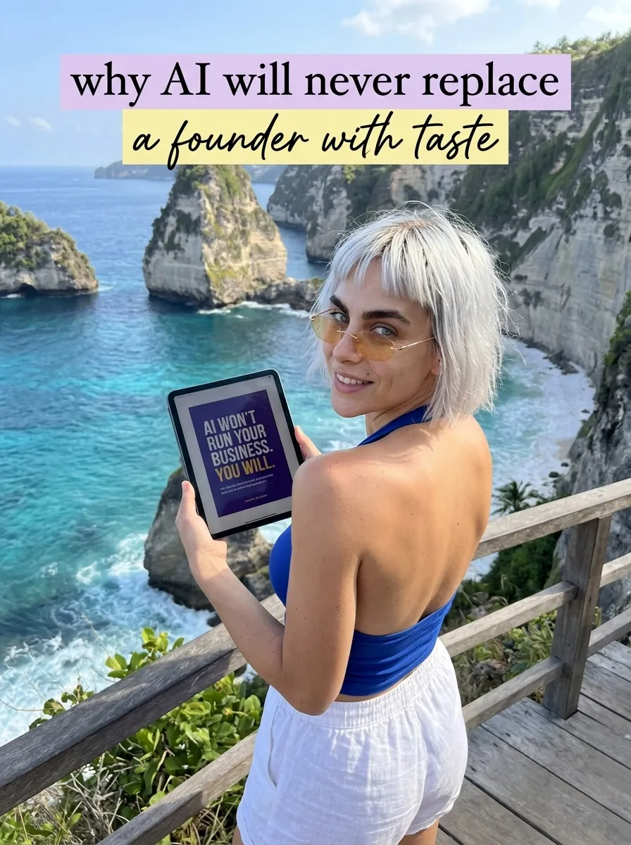 Kaia in a blue halter top at a clifftop ocean railing holding a tablet showing AI Won't Run Your Business