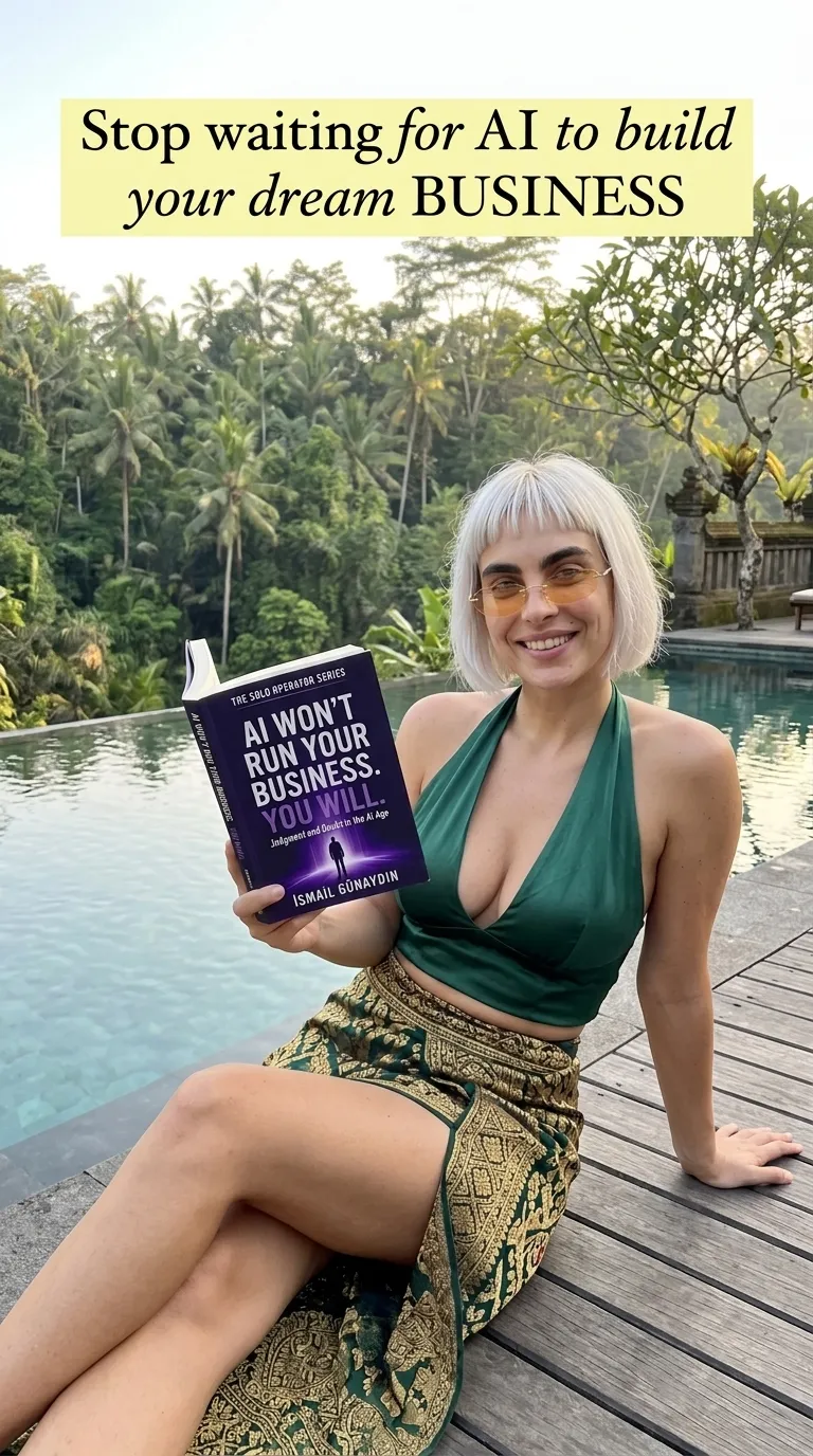Kaia in a green halter and sarong by a jungle infinity pool holding AI Won't Run Your Business