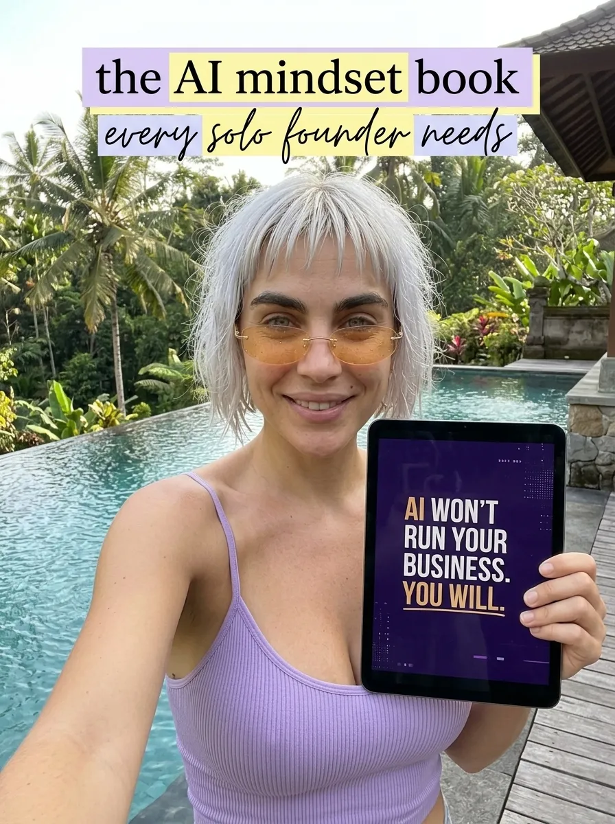 Kaia in a lilac tank top by an infinity pool holding a tablet showing AI Won't Run Your Business