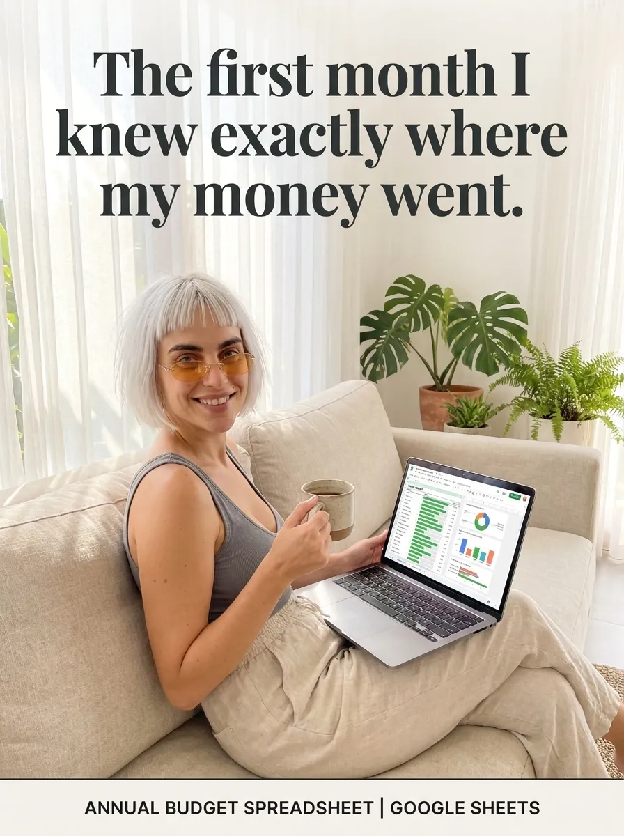 Kaia in a gray tank top and linen pants on a sofa with a laptop showing Annual Budget Spreadsheet charts and a mug