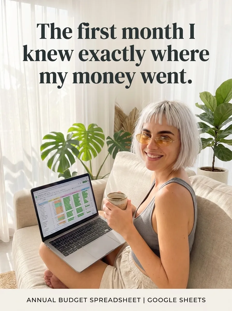 Kaia in a gray tank top on a sofa with a mug and a laptop showing the Annual Budget Spreadsheet in a bright living room