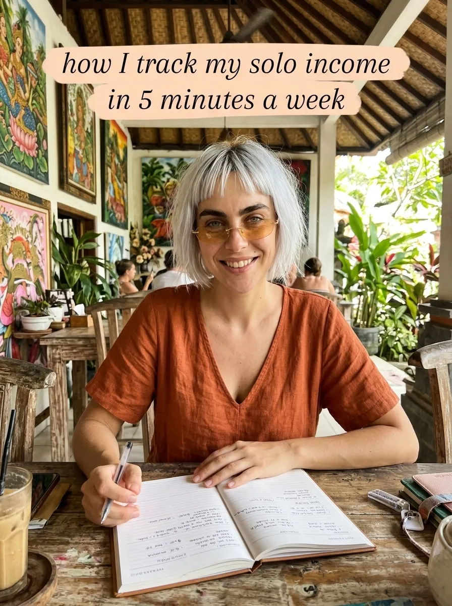 Kaia in a rust linen shirt writing in a notebook at a cafe table in an art-filled cafe, ad for the Annual Budget Spreadsheet