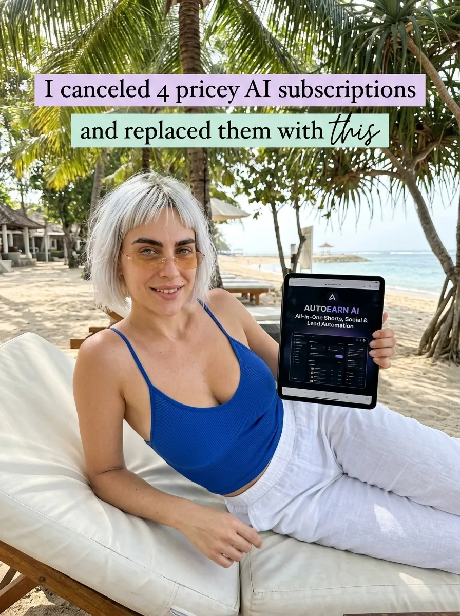 Kaia in a blue tank top and white trousers holding a tablet with AutoEarnAI on a beach lounger under palm trees