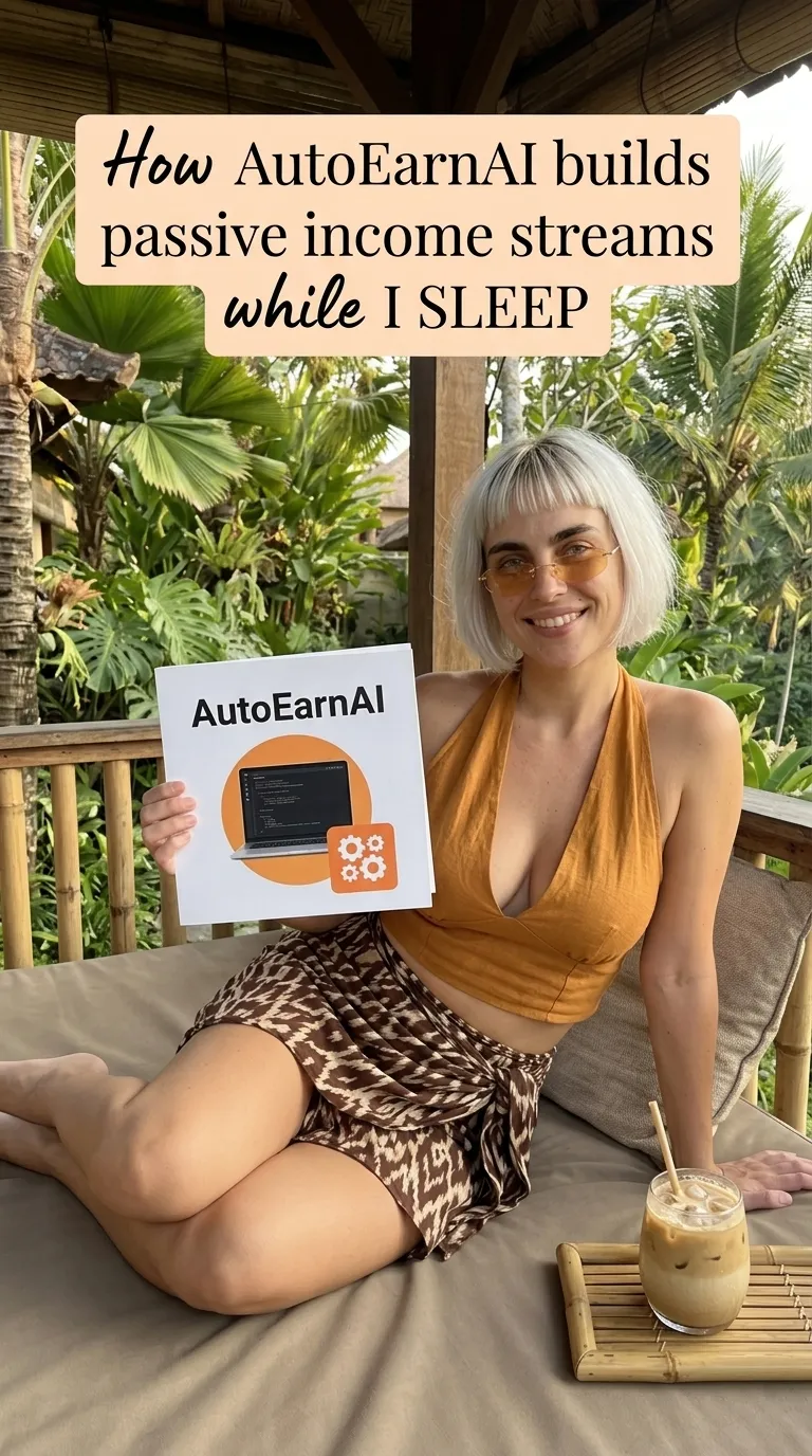 Kaia in an orange halter top and leopard print skirt holding an AutoEarnAI box on a garden daybed with iced coffee