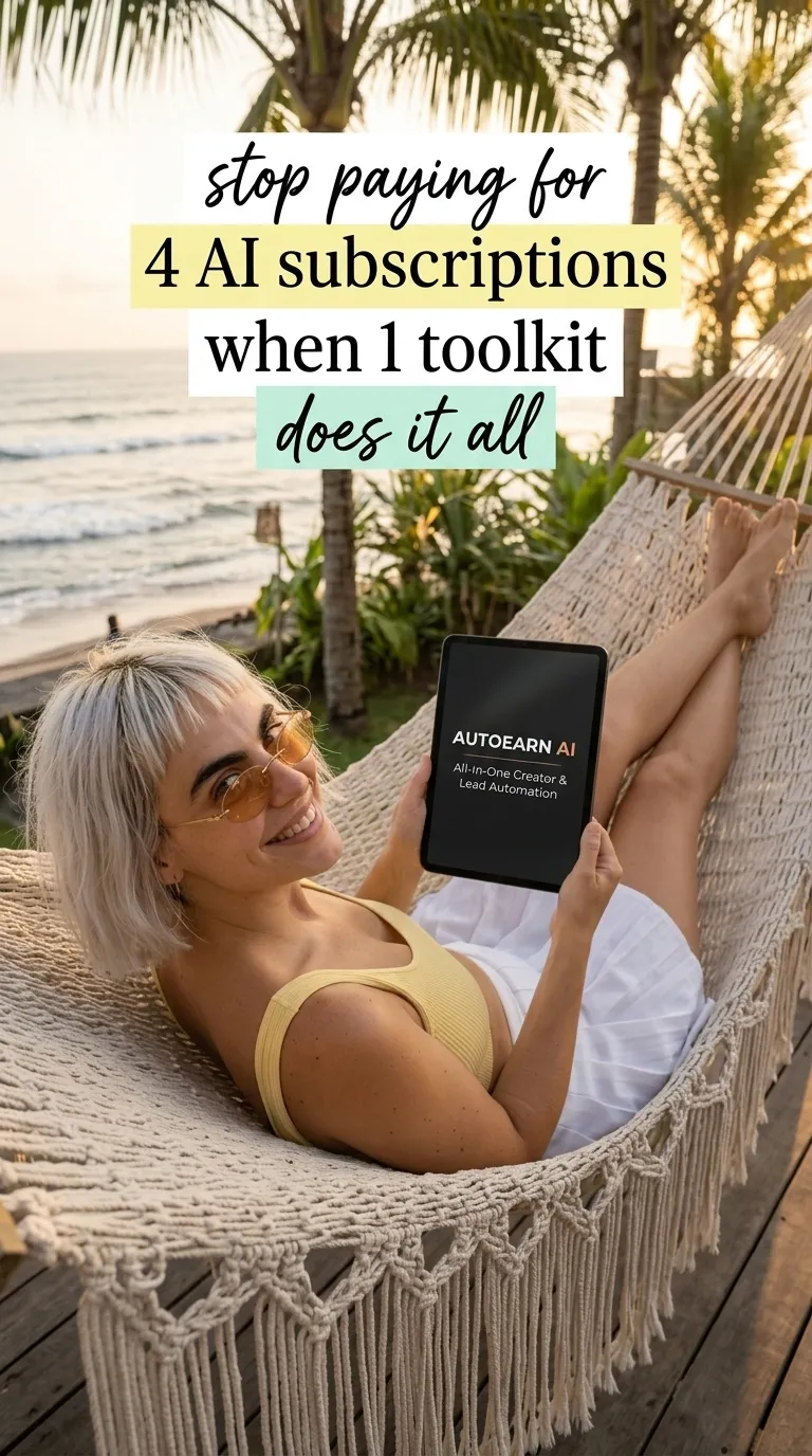 Kaia in a yellow top and white shorts lying in a macrame hammock above the ocean with a tablet showing AutoEarnAI