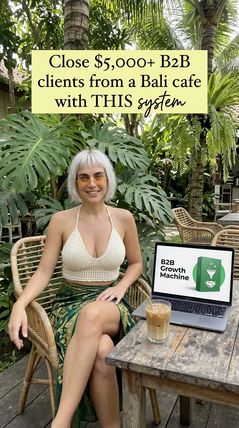Kaia in a cream crochet top and green skirt beside a laptop showing B2B Growth Machine at a garden cafe table