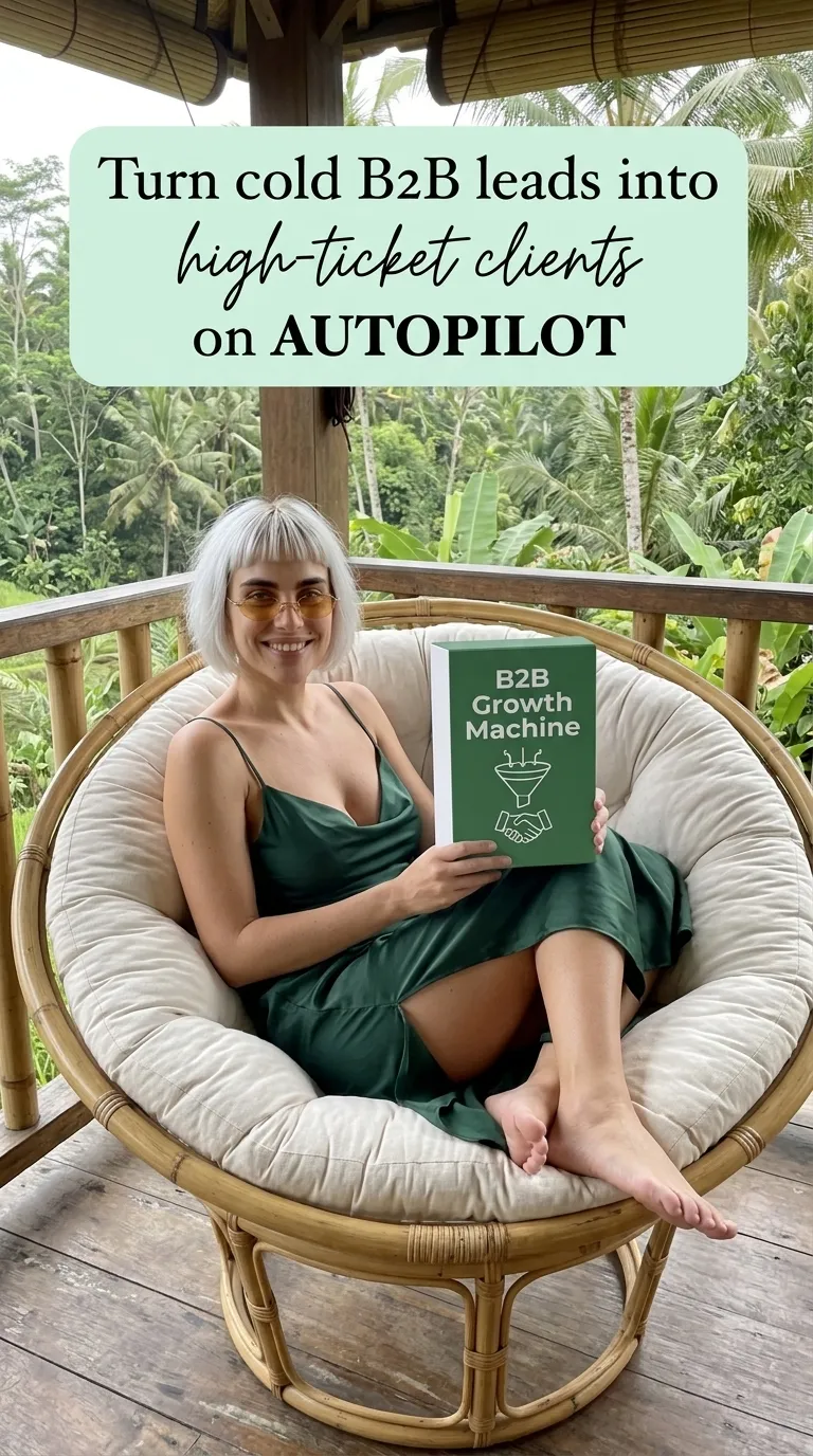 Kaia in a green slip dress holding a green B2B Growth Machine box in a round rattan chair on a jungle veranda