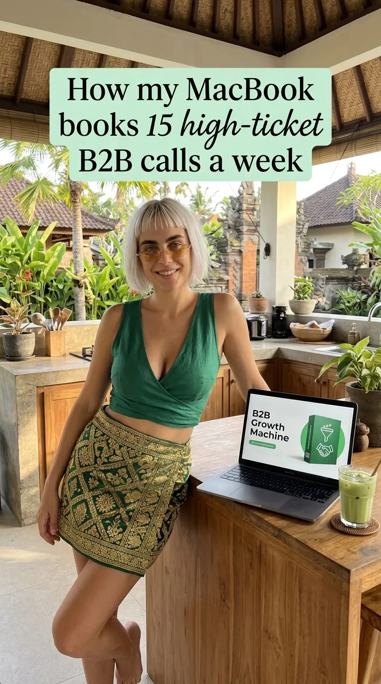 Kaia in a green top and print sarong leaning on a wooden counter with a laptop showing B2B Growth Machine