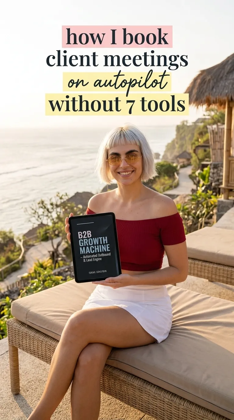 Kaia in a red off-shoulder top and white skirt holding a tablet with B2B Growth Machine on a terrace above the sea
