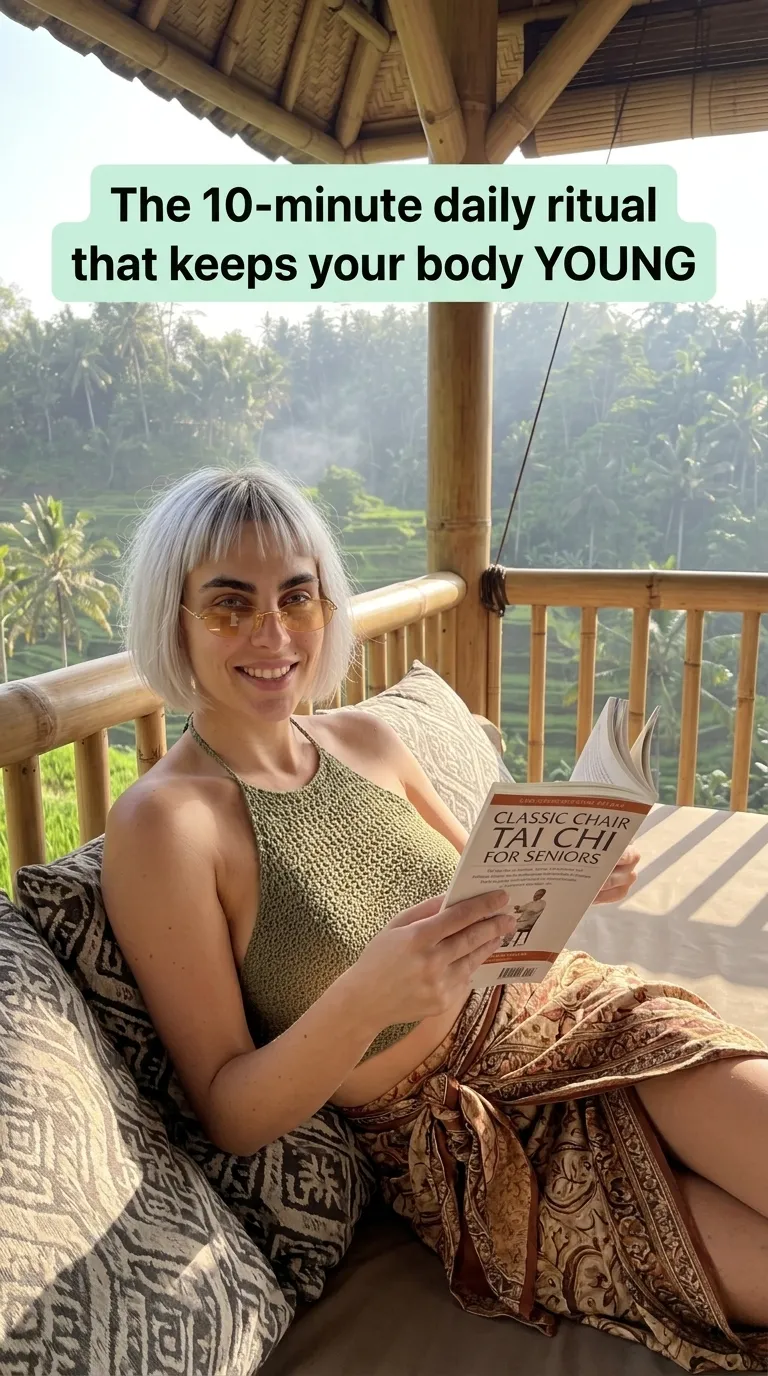 Kaia in a knit halter top on a cushioned pavilion reading Classic Chair Tai Chi for Seniors above rice fields