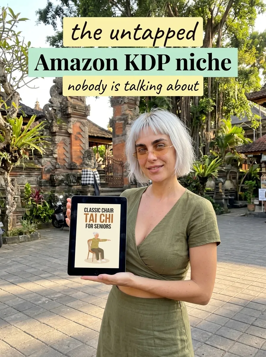 Kaia in an olive wrap dress at a temple courtyard holding a tablet showing Classic Chair Tai Chi for Seniors