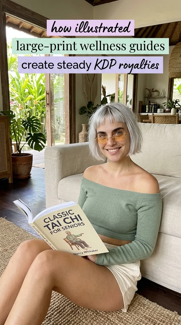 Kaia in a sage off-shoulder top sitting on a rug reading Classic Chair Tai Chi for Seniors