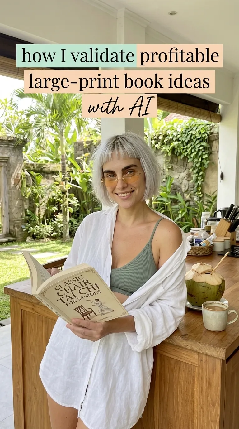 Kaia in a white shirt over a sage top reading Classic Chair Tai Chi for Seniors at a kitchen counter