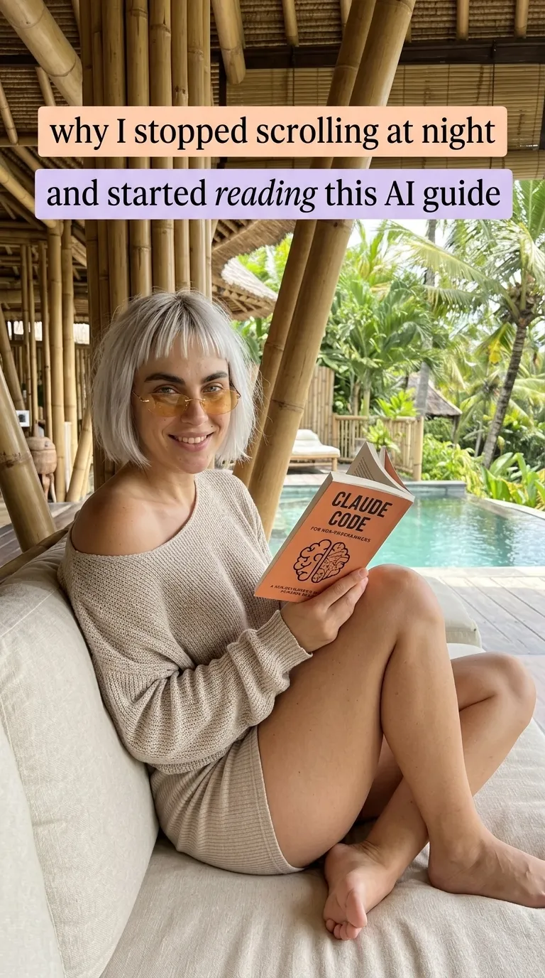 Kaia in a beige knit sweater reading Claude Code for Non-Programmers on a poolside daybed
