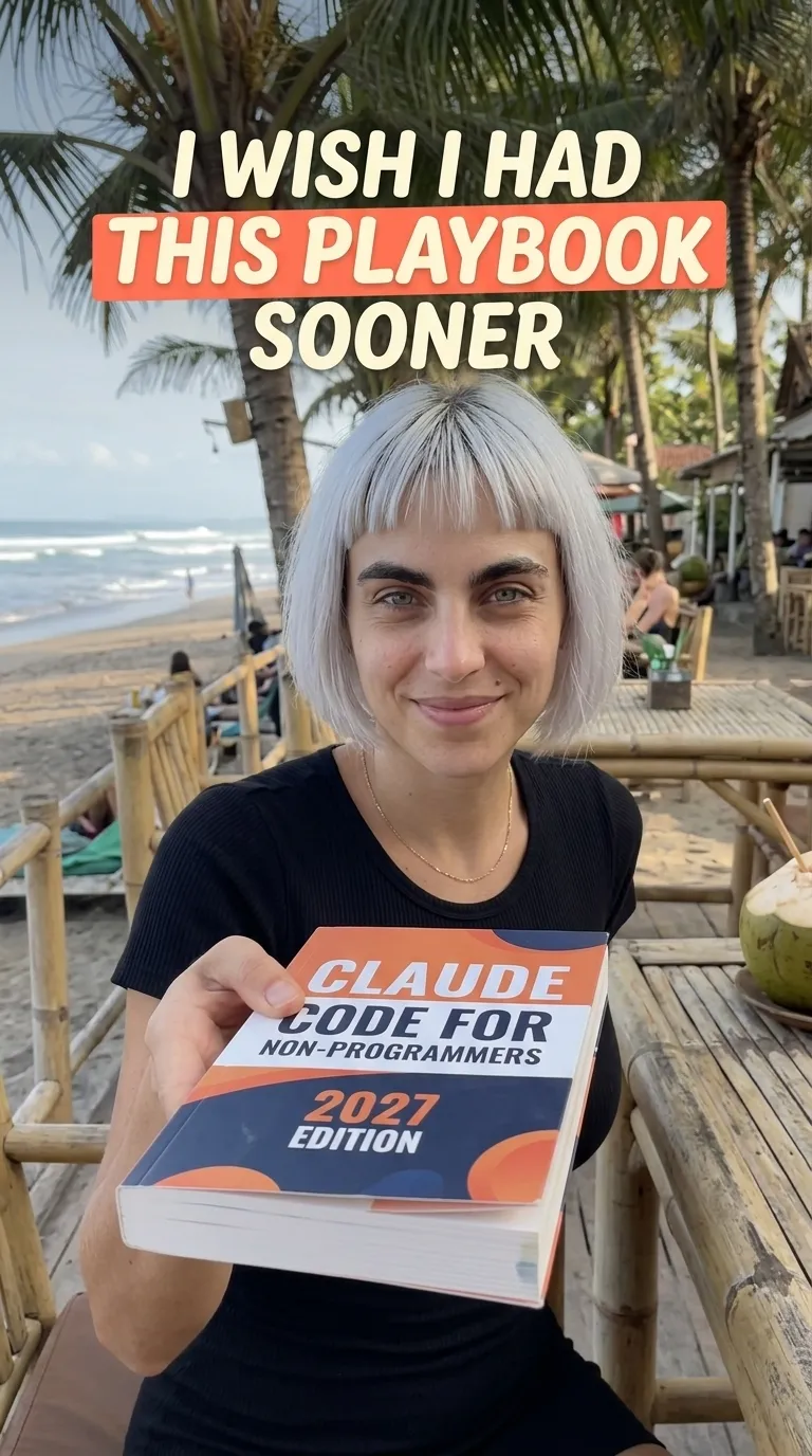 Kaia in a black T-shirt at a beach bar holding out the Claude Code for Non-Programmers 2027 Edition paperback