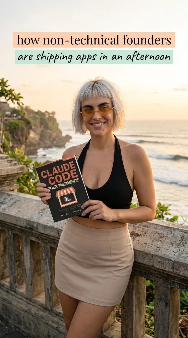 Kaia in a black top and beige skirt by a seaside stone wall holding Claude Code for Non-Programmers