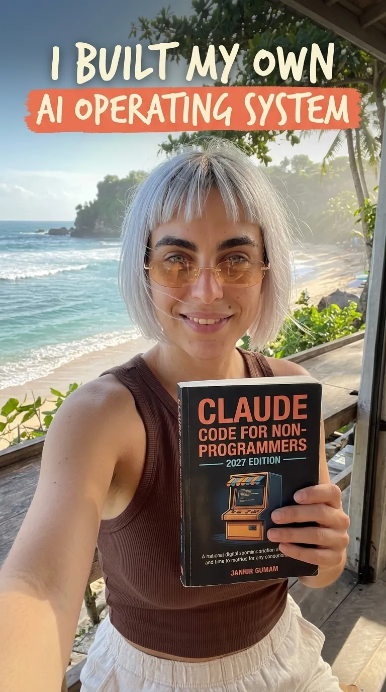 Kaia in a brown tank top taking a selfie with the Claude Code for Non-Programmers 2027 Edition paperback
