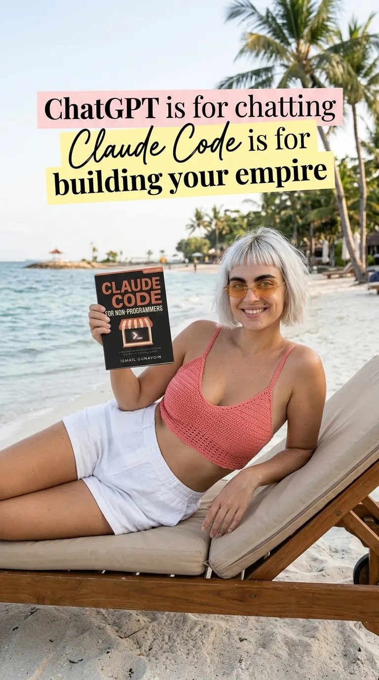 Kaia in a coral crop top on a beach lounger holding up Claude Code for Non-Programmers