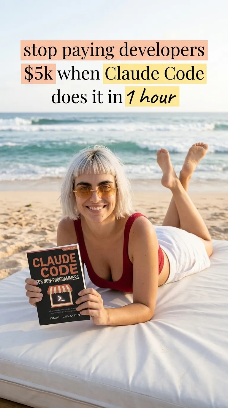 Kaia in a red top lying on a beach daybed holding Claude Code for Non-Programmers