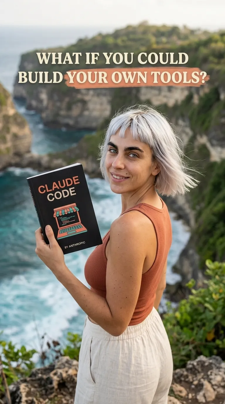Kaia in a rust tank top on a clifftop above the sea holding Claude Code for Non-Programmers