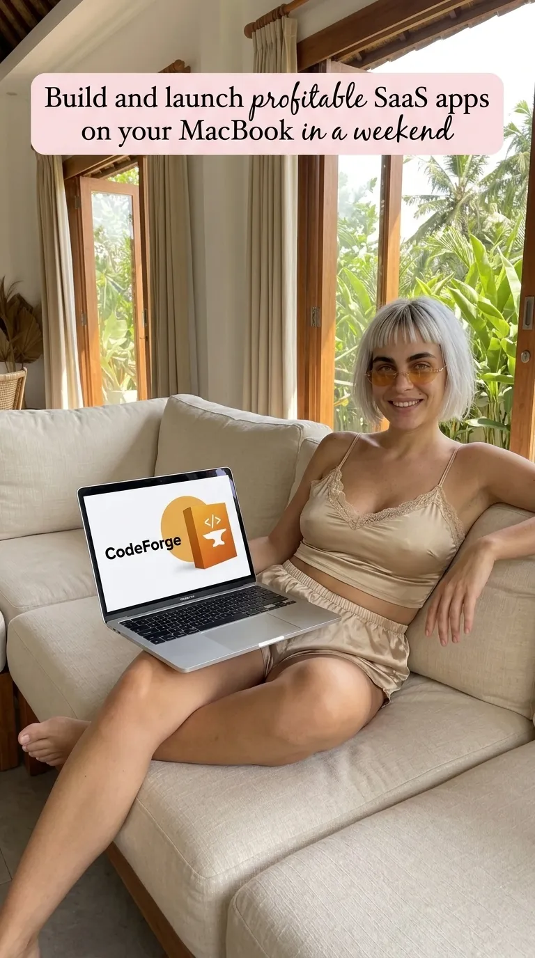 Kaia in a champagne satin cami and shorts on a white sofa with a laptop showing CodeForge in a sunlit villa