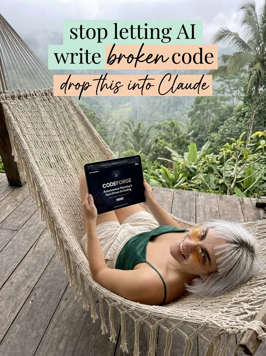 Kaia in a green top and cream shorts in a macrame hammock on a jungle deck holding a tablet showing CodeForge