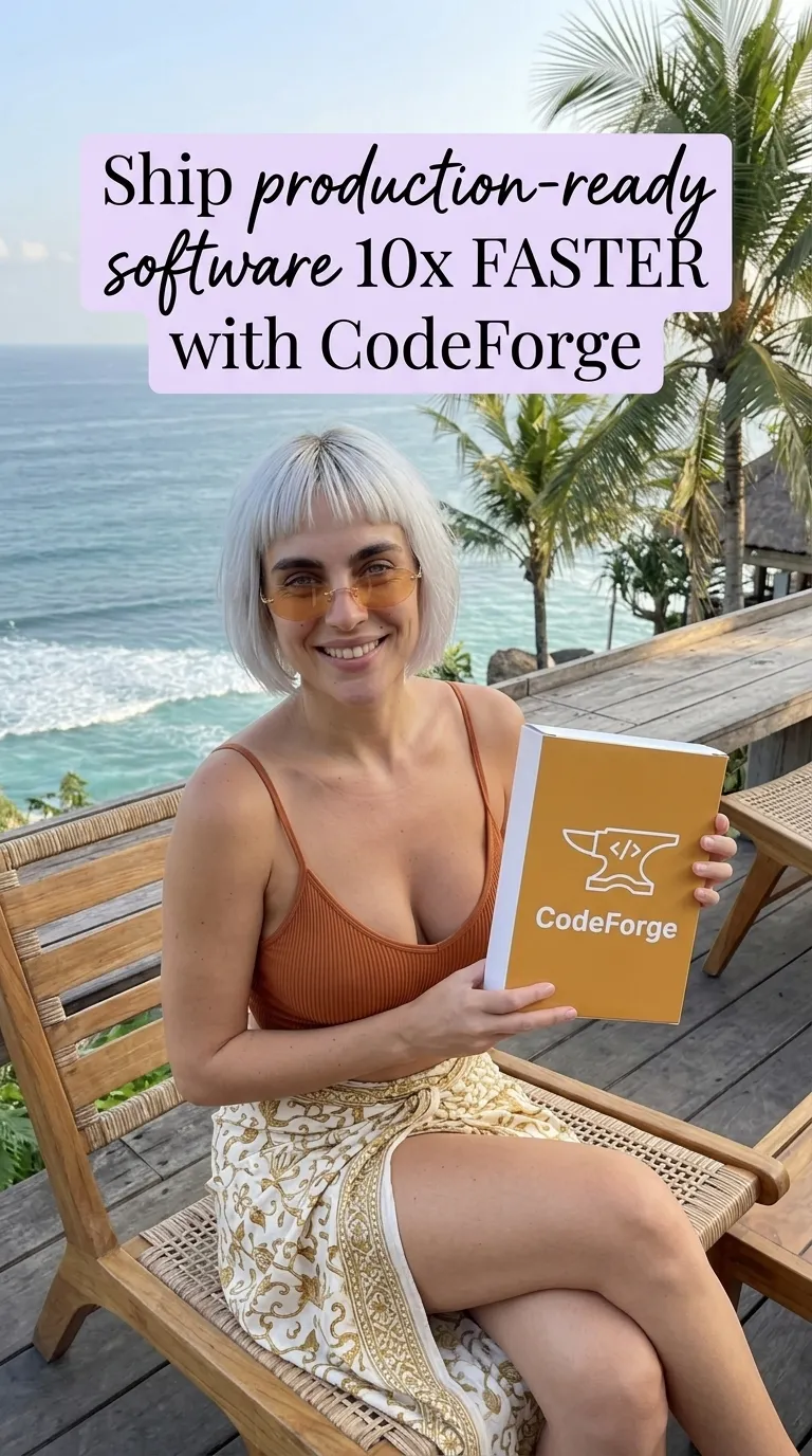 Kaia in a rust top and gold skirt holding an orange CodeForge box on a wooden deck chair by the sea