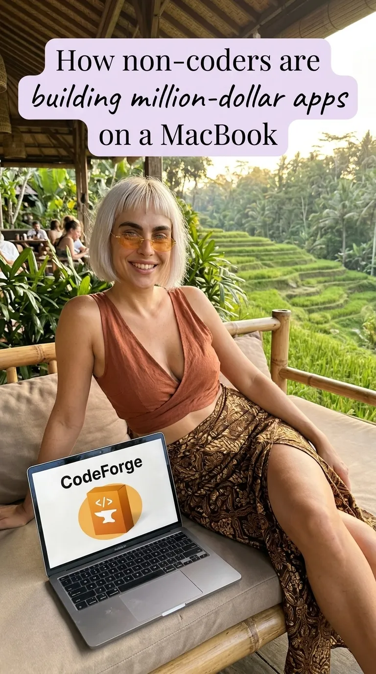 Kaia in a rust wrap top and print skirt on a daybed with a laptop showing CodeForge, rice terraces behind her