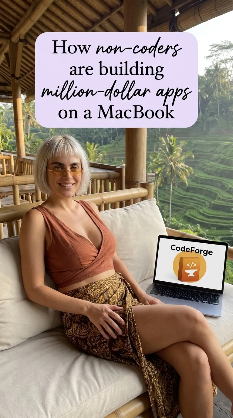 Kaia in a rust wrap top and print skirt on a veranda sofa beside a laptop showing CodeForge above rice terraces