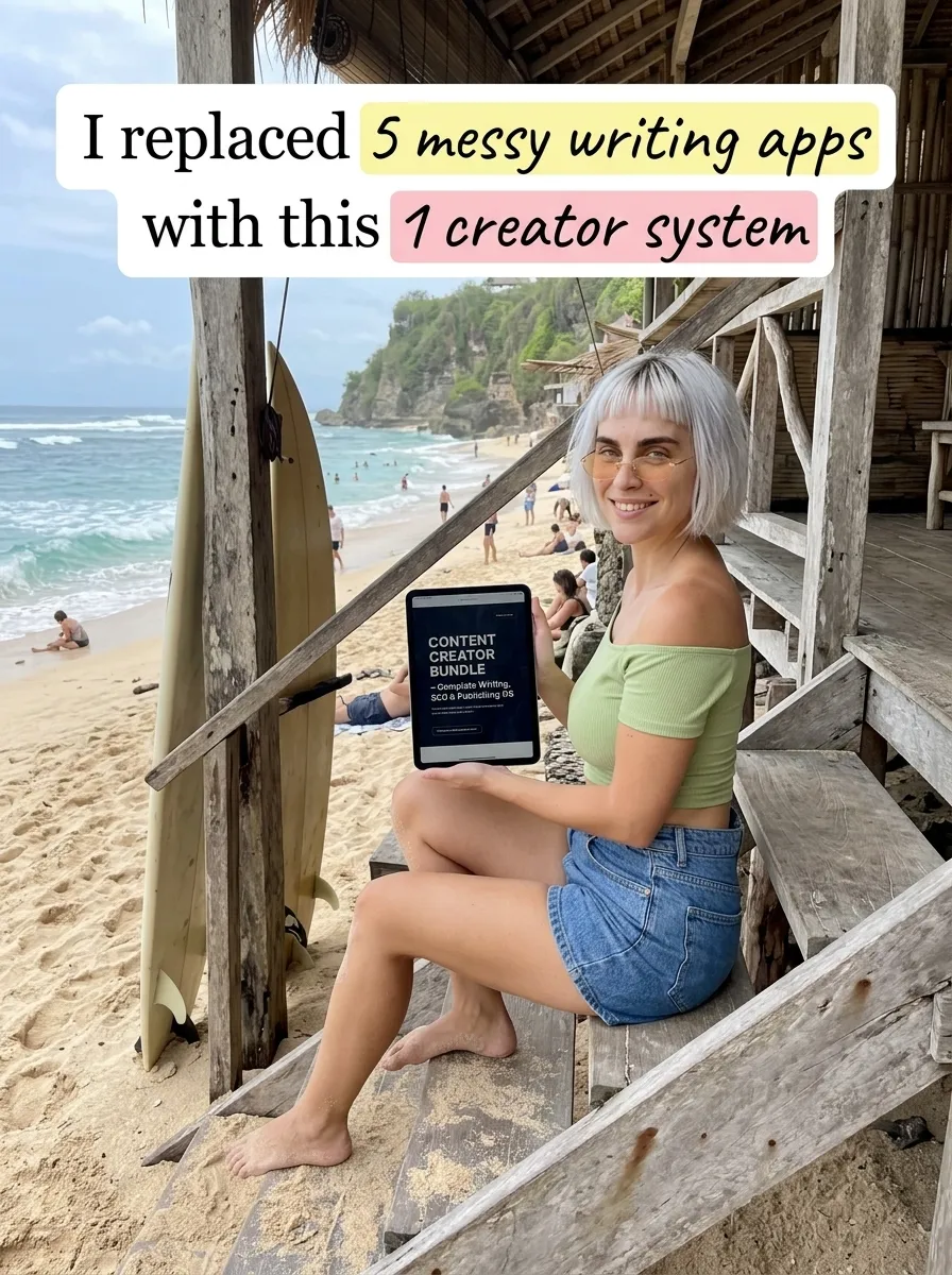 Kaia in a green crop top and denim shorts on wooden beach stairs beside a surfboard with a Content Creator Bundle tablet