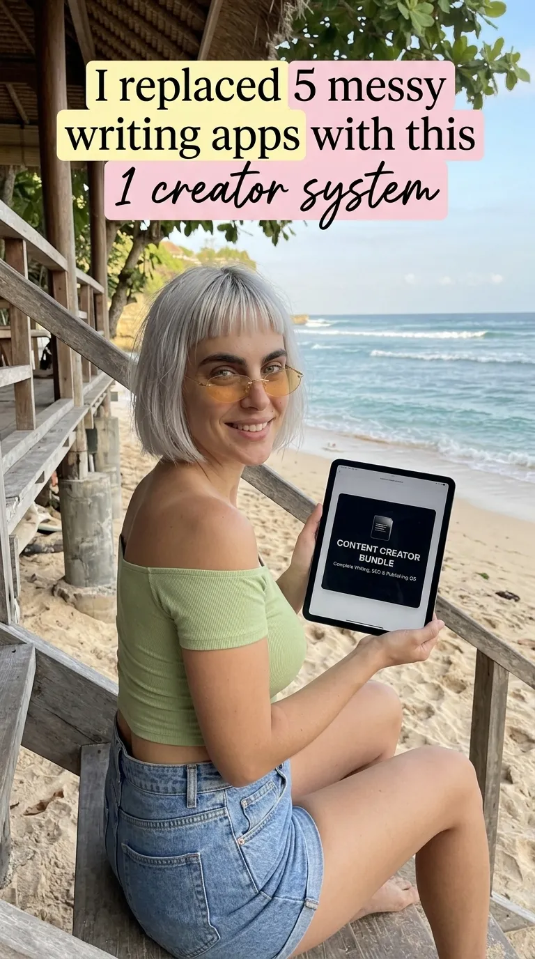 Kaia in a green crop top and denim shorts sitting on beach hut stairs holding a tablet showing Content Creator Bundle