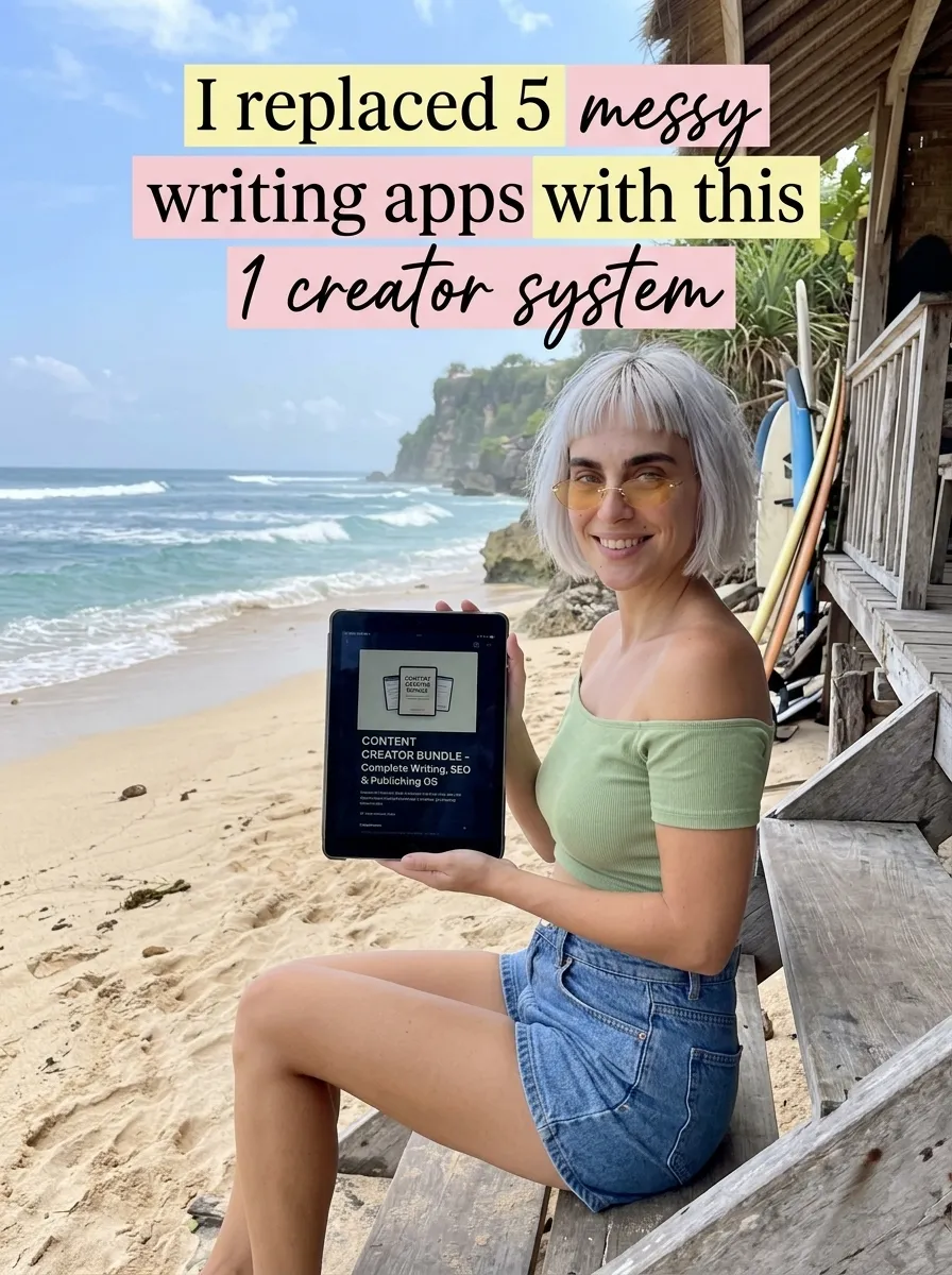 Kaia in a green off-shoulder crop top and denim shorts holding a tablet with Content Creator Bundle on wooden beach steps