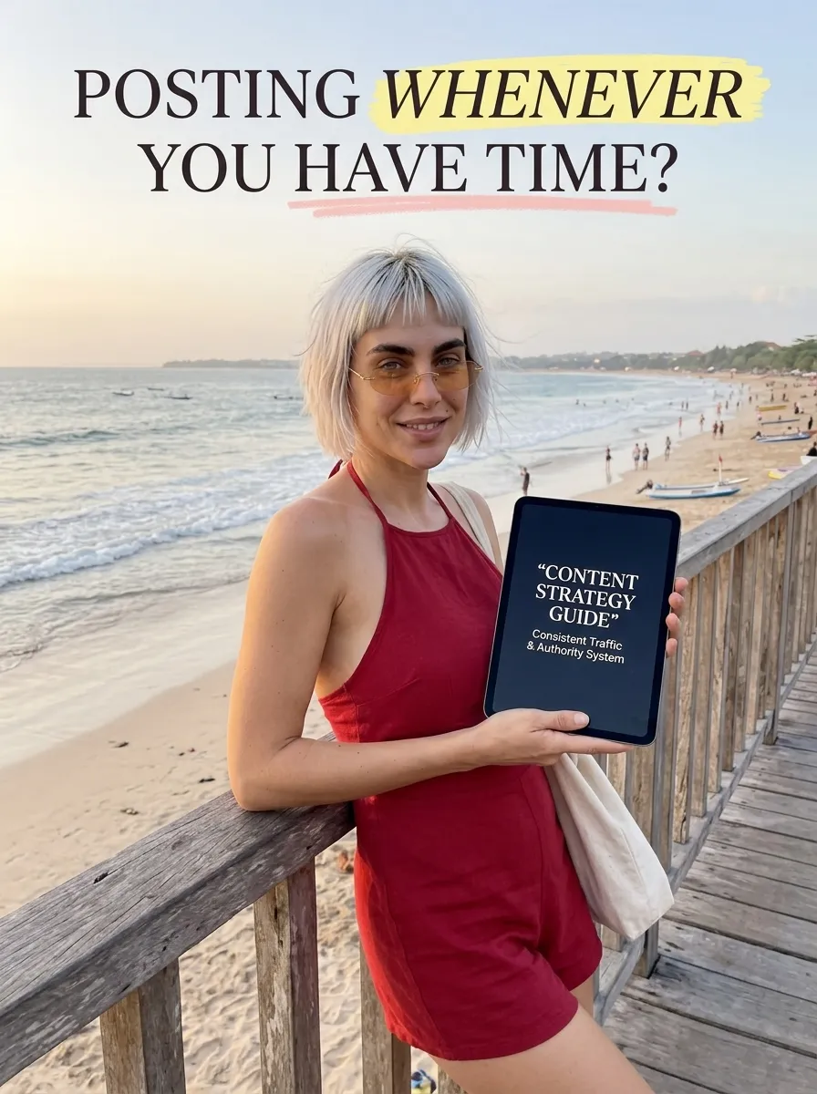 Kaia in a red halter romper leaning on a pier railing above a beach holding a tablet showing Content Strategy Guide