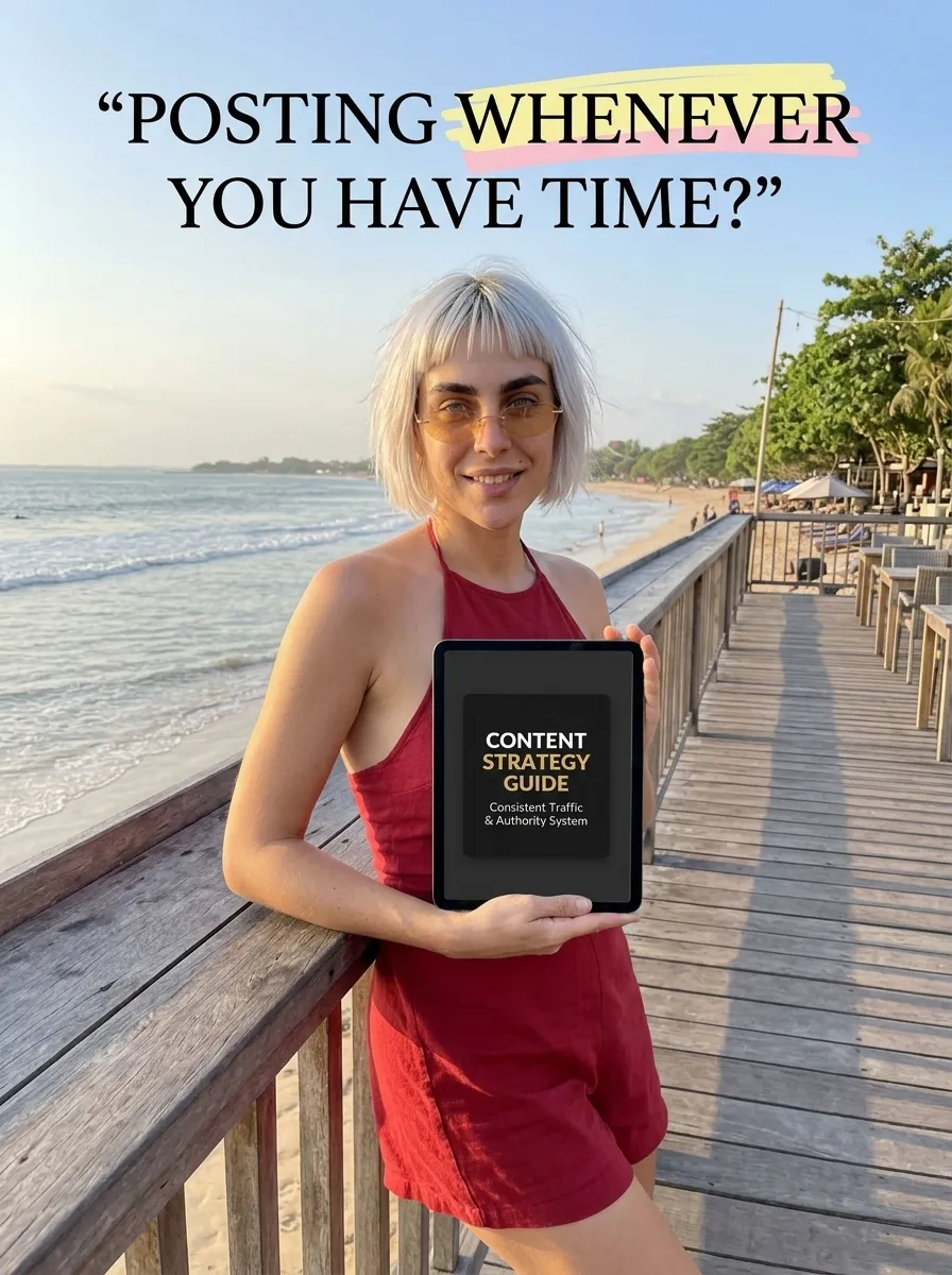 Kaia in a red halter romper on a long wooden pier holding a tablet with Content Strategy Guide in late sun