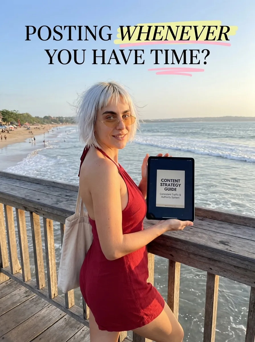 Kaia in a red halter romper with a tote bag holding a Content Strategy Guide tablet on a seaside boardwalk