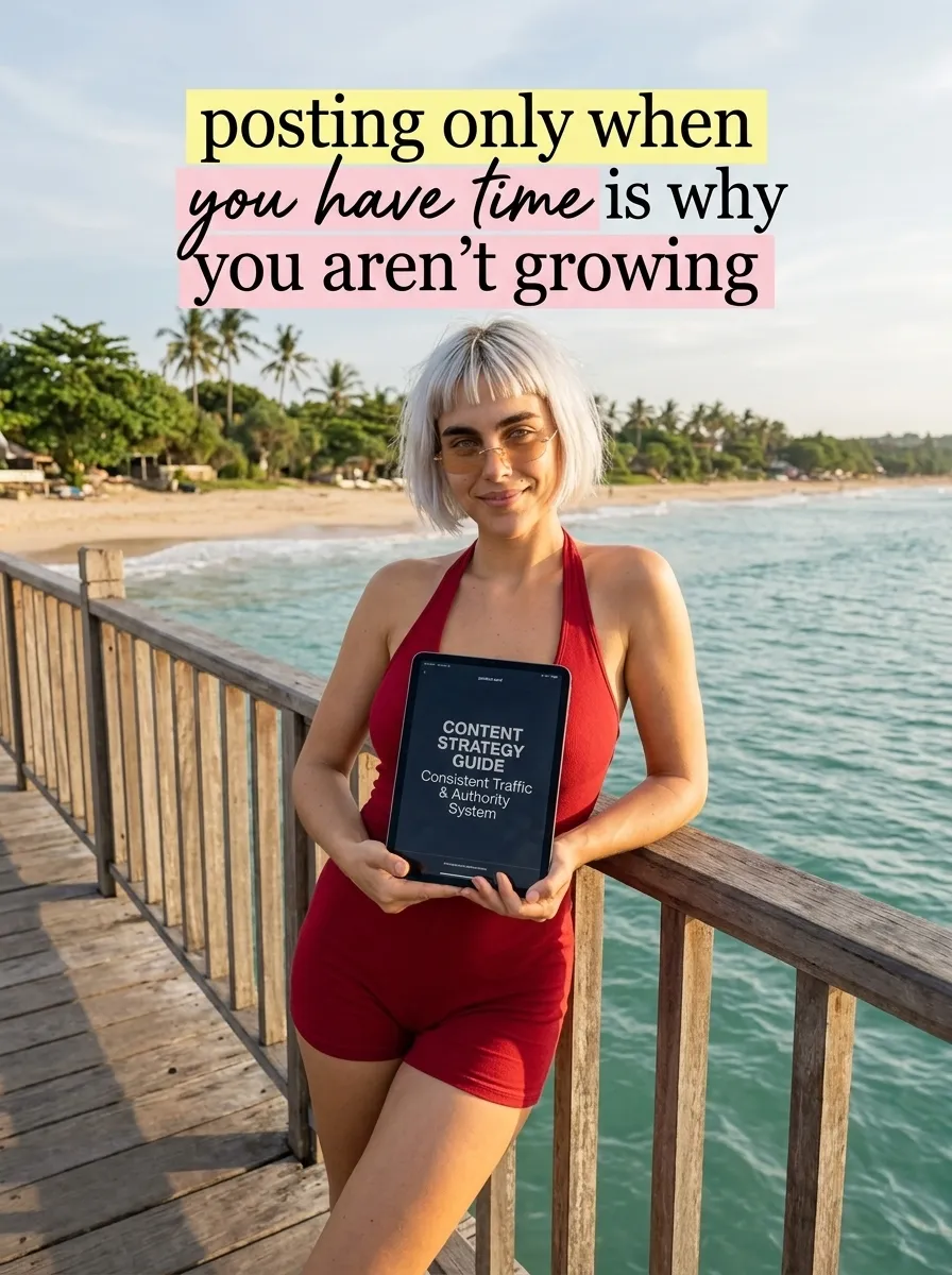 Kaia in a red halter romper holding a tablet with Content Strategy Guide on a wooden pier over turquoise water