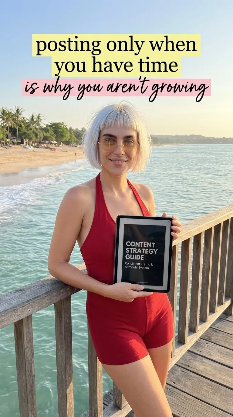 Kaia in a red romper at a wooden pier railing over clear sea water holding a tablet with Content Strategy Guide