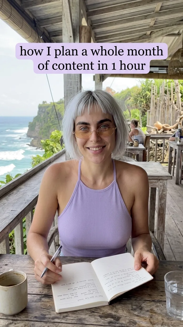 Kaia in a lilac halter top smiling over an open notebook and coffee mug at a seaside cliff cafe