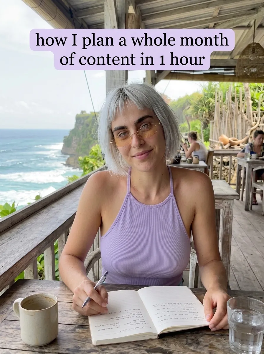Kaia in a lilac halter top writing in a notebook at a clifftop cafe table above the ocean