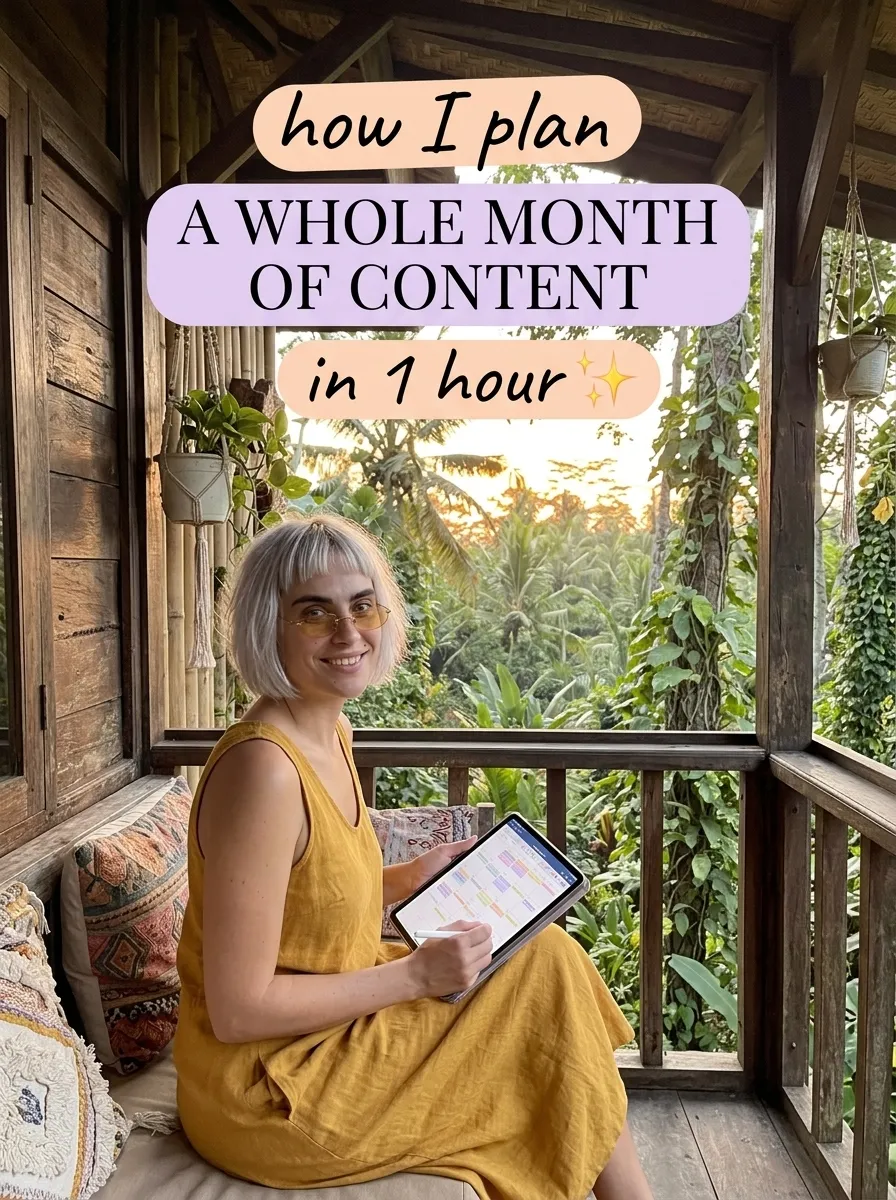 Kaia in a mustard linen dress on a wooden jungle veranda writing on a tablet with a stylus