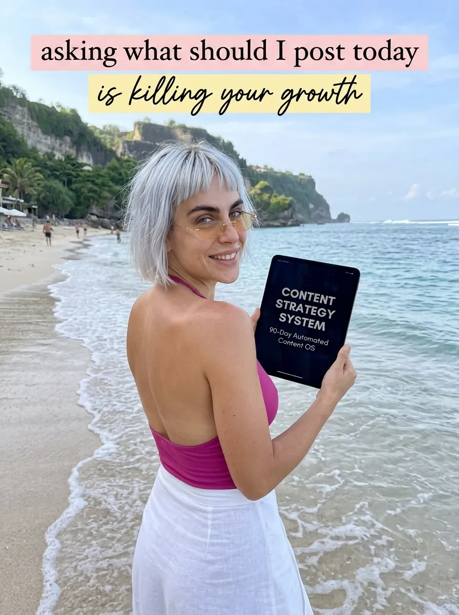 Kaia in a pink halter top and white skirt on the shoreline holding a tablet showing Content Strategy System