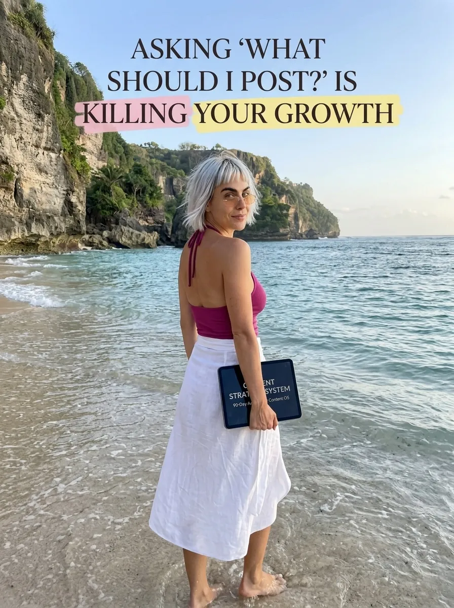 Kaia in a pink halter top and white skirt standing in shallow sea water near cliffs with a Content Strategy System tablet