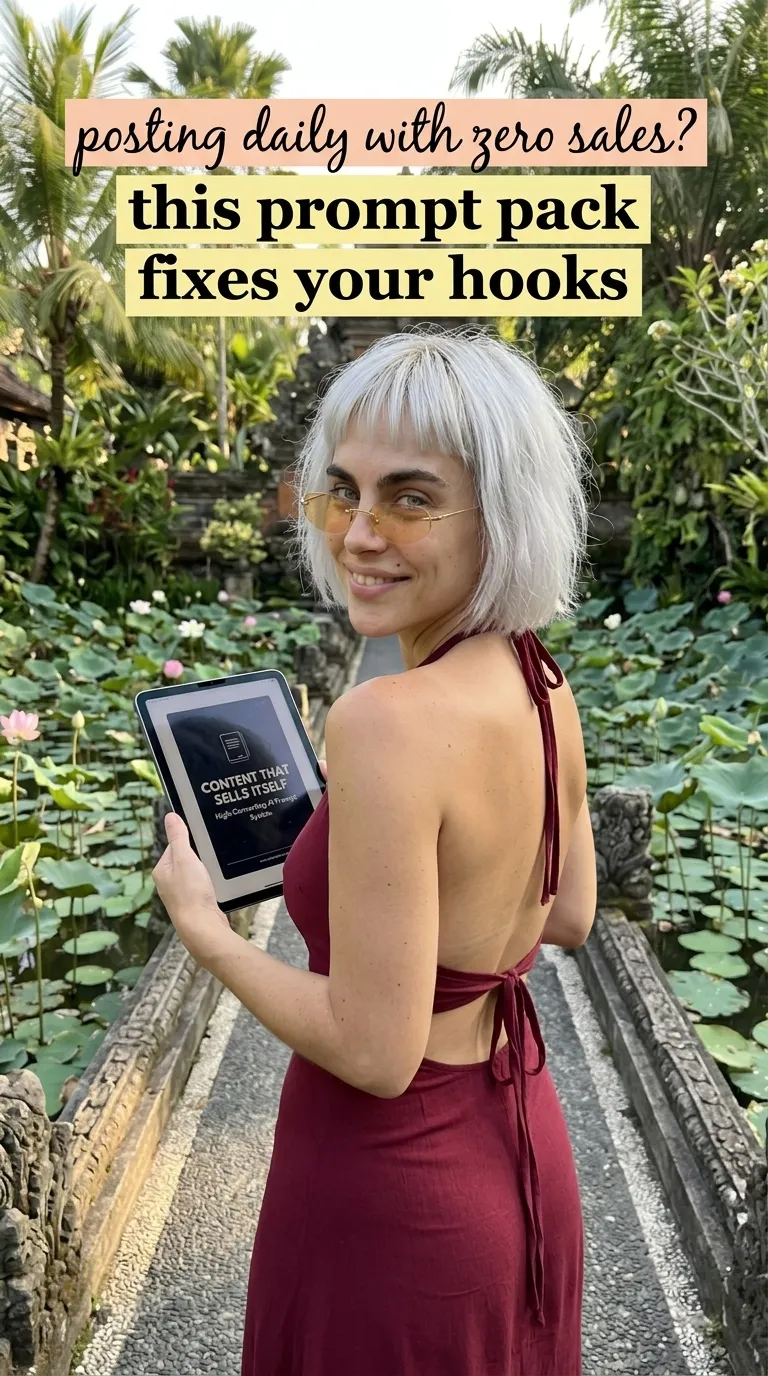 Kaia in a burgundy backless dress holding a tablet with Content That Sells Itself on a path through a lotus pond