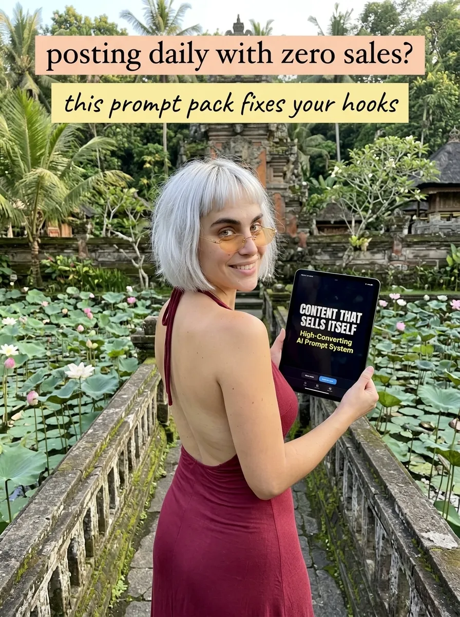 Kaia in a burgundy backless dress on a stone bridge over a lily pond holding a tablet showing Content That Sells Itself