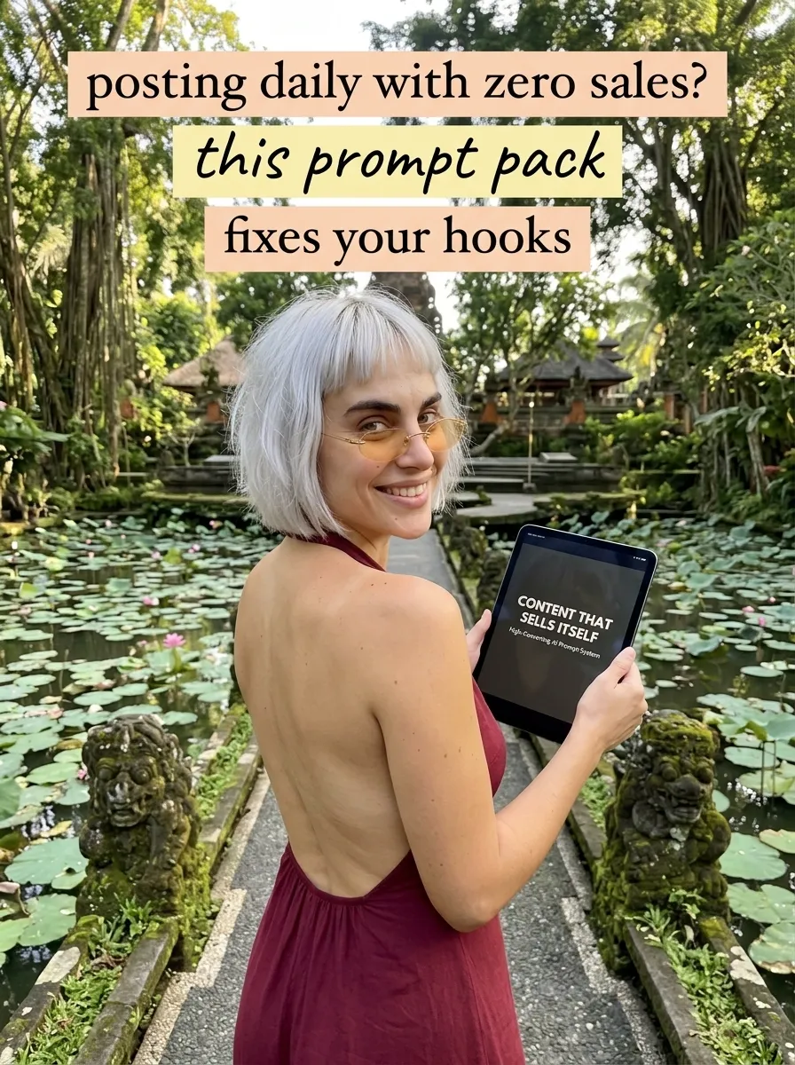 Kaia in a burgundy halter dress looking back with a Content That Sells Itself tablet in a temple garden lotus pond