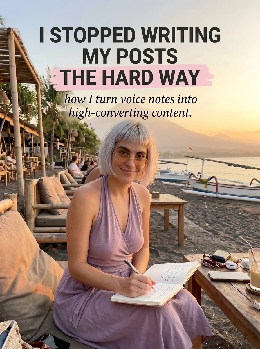 Kaia in a lilac halter dress writing in a notebook at a beach cafe table at sunset with boats on the shore